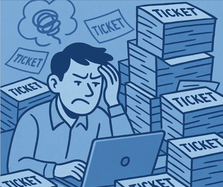 A person sits at a laptop looking stressed, surrounded by large piles of papers labeled "TICKET.
